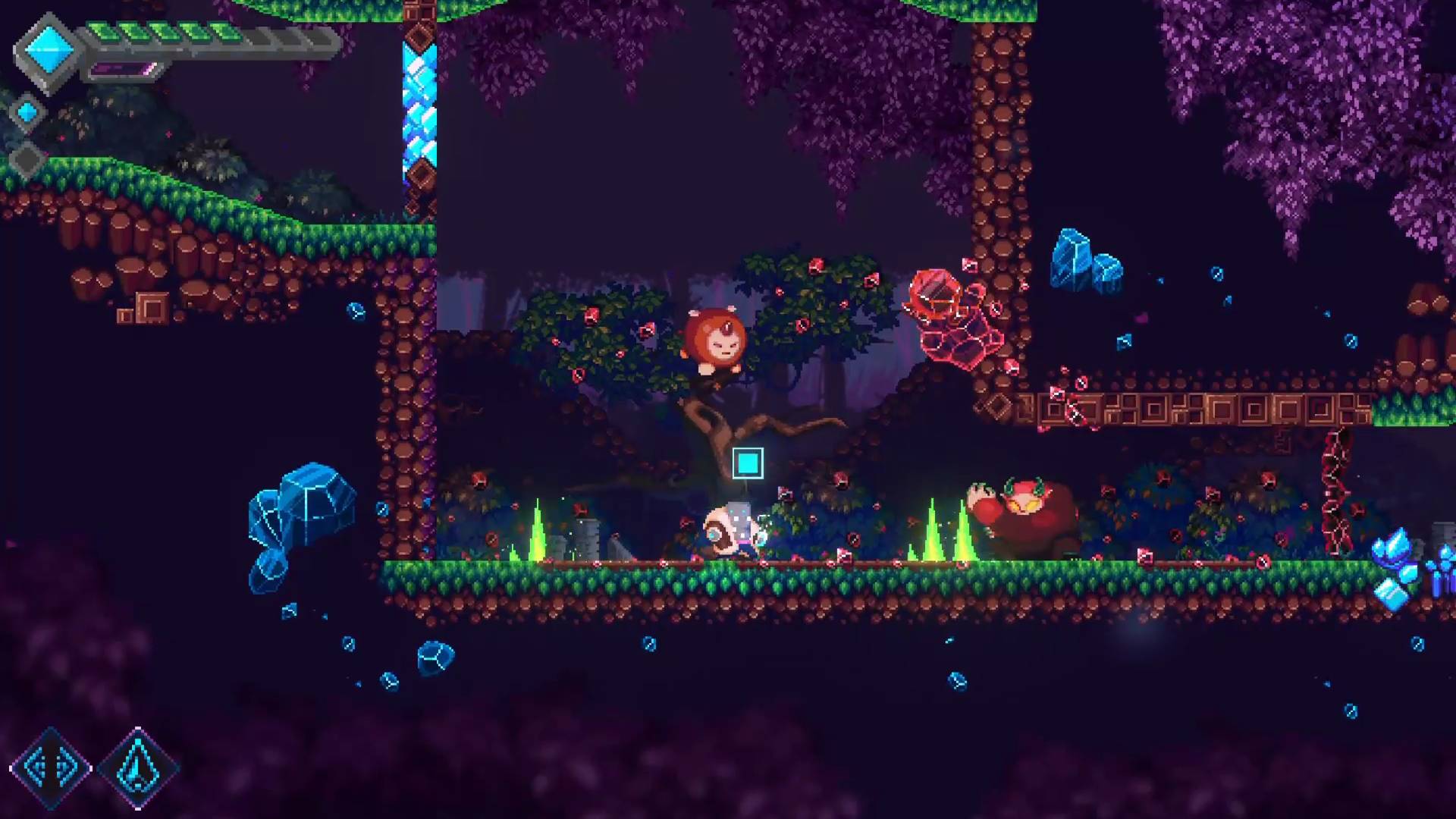 Mega Man ve Doom, yeni bağımsız platform oyununda çarpışıyor: Mavi pikselli bir video oyunu karakteri, yeşil bir orman alanında duruyor ve arı ve ayı karışımına benzeyen bir düşman ona bakıyor
