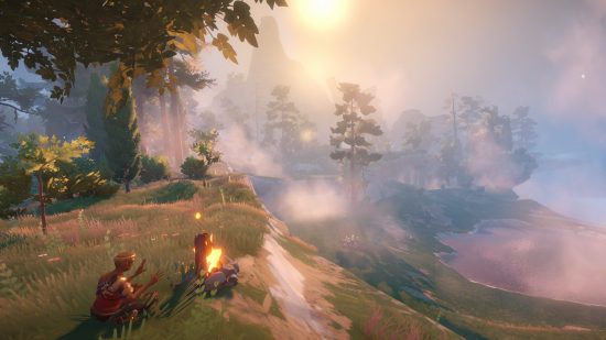 Bir karakter oturup ellerini ateşin yanında ısıtıyor, altlarındaki zemin kayıyor ve geniş mor bir gökyüzünün altında ağaçlarla çevrili bir göl görünüyor.