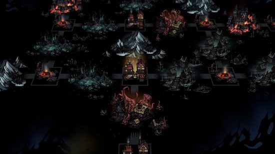 Güvenli sığınak ve diğer birkaç konumla birlikte oyun dünyasının tamamlandığı Darkest Dungeons 2 için yaklaşan Kingdoms ücretsiz güncellemesinden bir ekran görüntüsü.