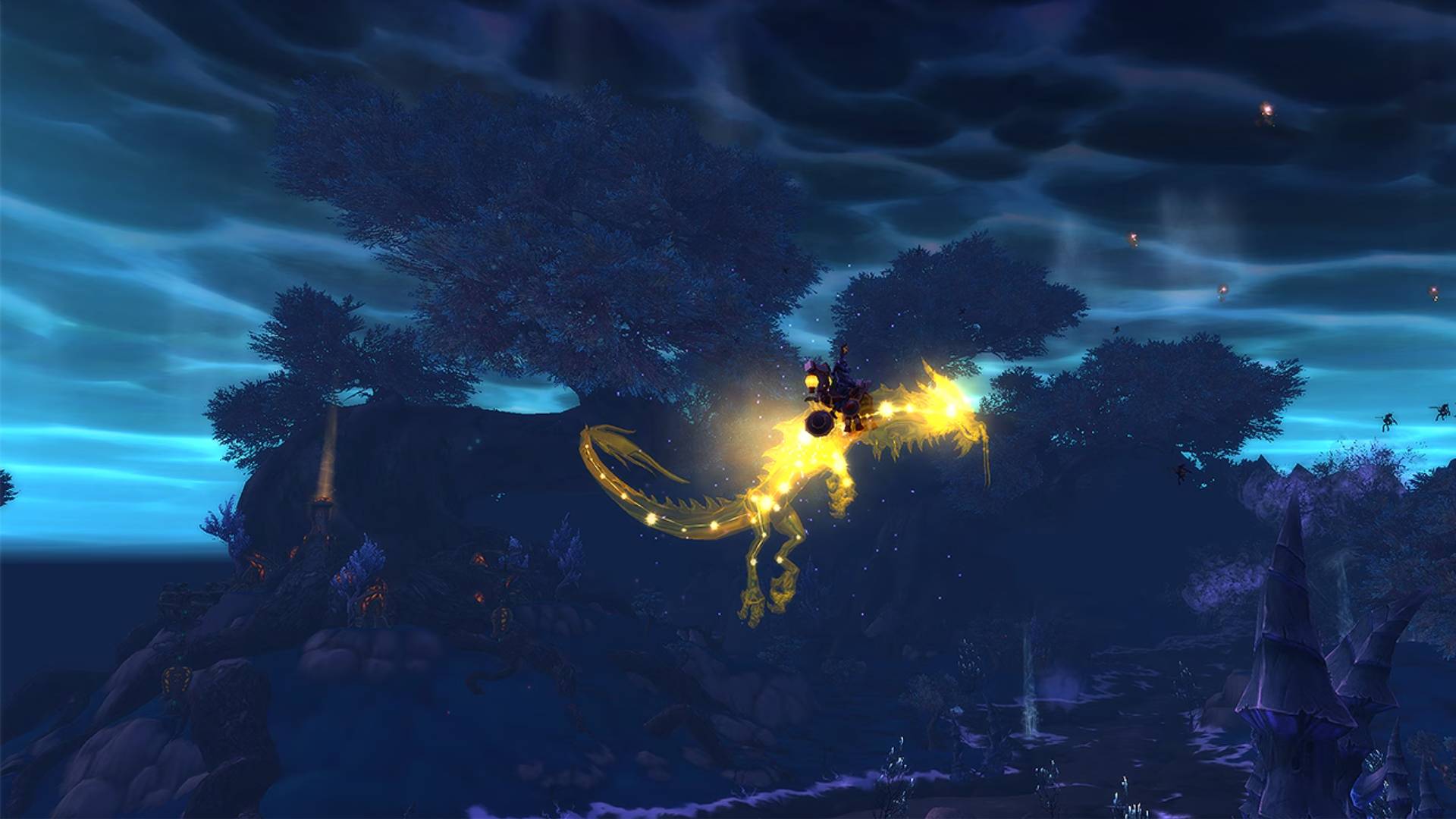Karanlık bir gökyüzünde parlayan altın bir yılana binen bir World of Warcraft karakteri