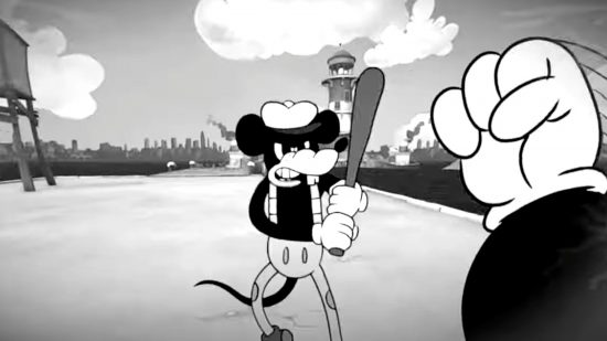 FPS oyunu Mouse'ta düşman faresi beyzbol sopasıyla oyuncuya yaklaşıyor.