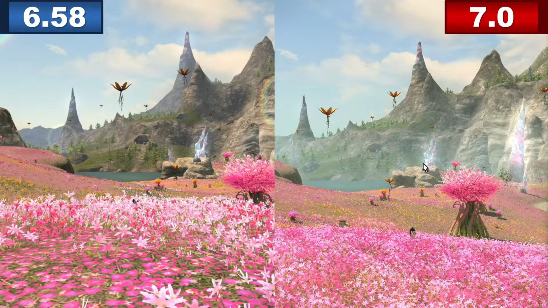 Final Fantasy 14'ün referans noktası Dawntrail: pembe çiçek tarlalarının iki fotoğrafı, sağdaki soldakinden daha kaliteli
