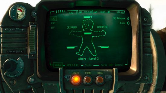 Fallout kılavuzu: Fallout 3'teki Pipboy, oyuncunun sağlığını ve kırık uzuvlarını gösteriyor.