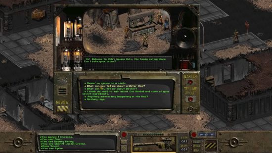 Fallout rehberi: Bir Vault Dweller, yerel bir tüccarla Iguana Bit'leri hakkında konuşuyor.