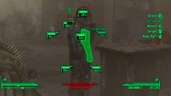 Fallout kılavuzu: Oyuncu, önündeki Enclave Soldier'ın tüm vücut uzuvlarını ortaya çıkarmak için VATS sistemini kullanıyor.