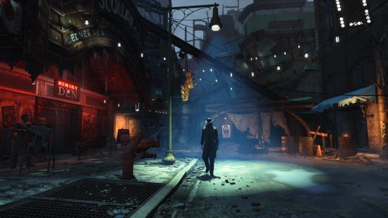 Fallout rehberi: Fallout 4'teki karanlık sokaklarda yürüyen bir Synth hafiye.