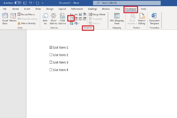 Onay kutusunun nasıl ekleneceğini gösteren Microsoft Word masaüstü uygulaması ekran görüntüsü.