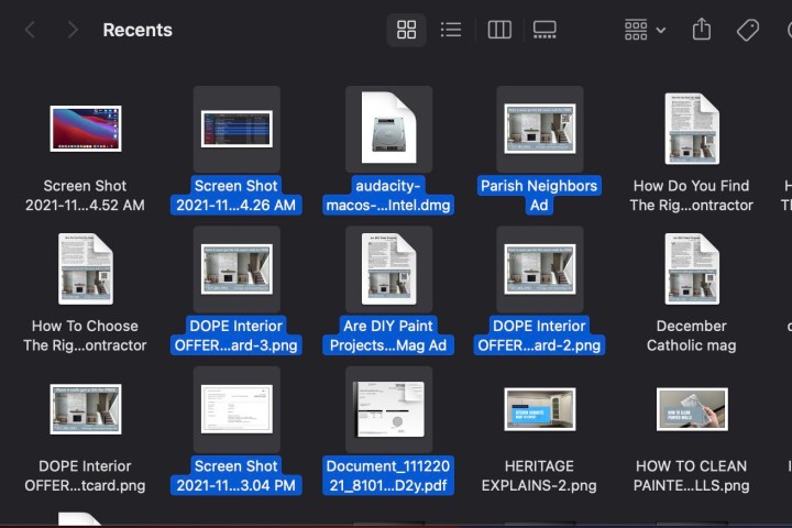 Tıklayıp sürükleyerek Mac'te birden fazla dosyanın nasıl seçileceğini gösteren ekran görüntüsü.