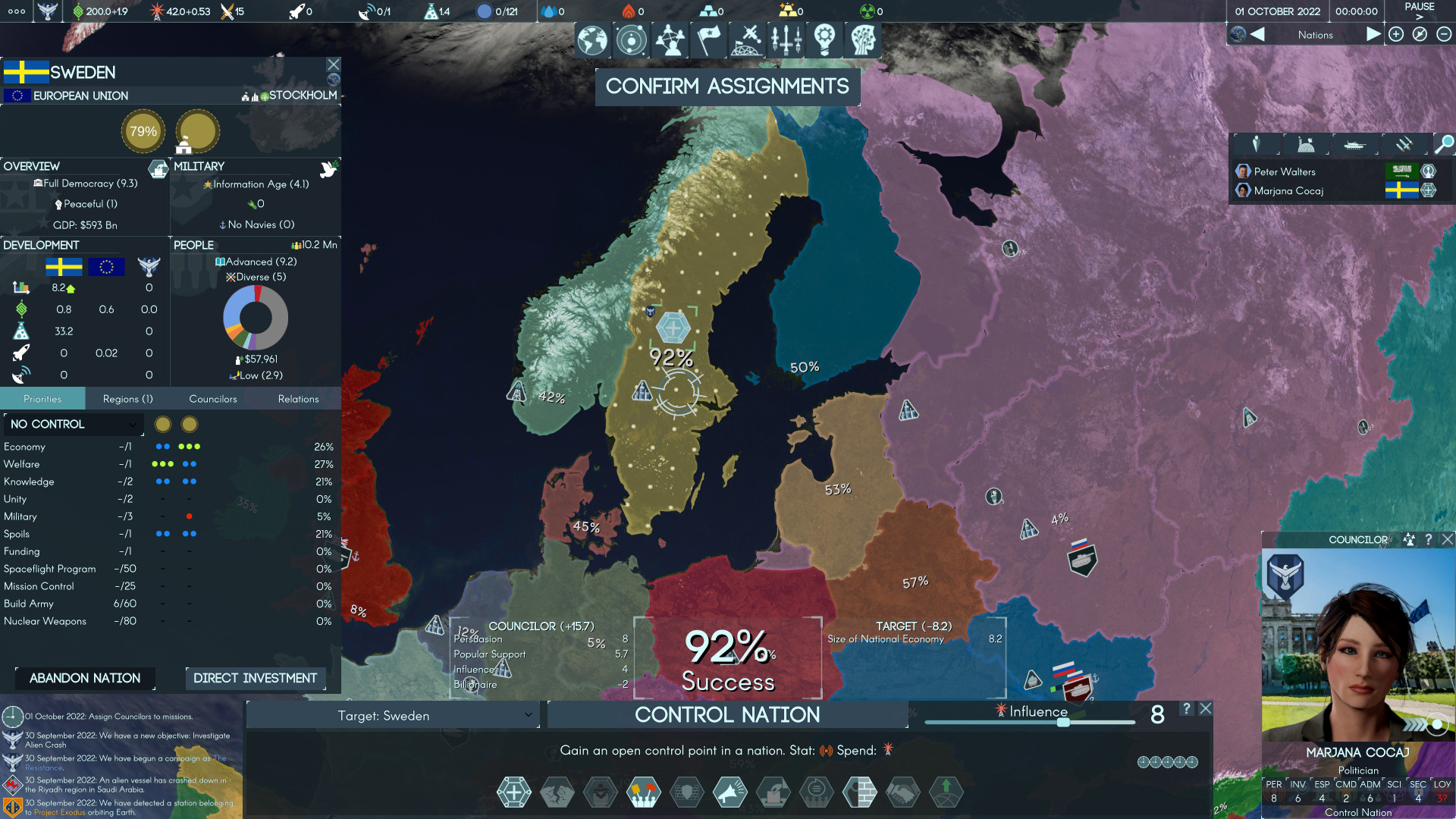 Terra Invicta güncellemesi 0.4 - Ülkelerin farklı tonlarda renklendirildiği, kuzeybatı Avrupa haritası.
