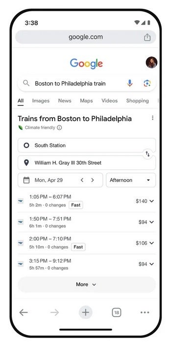 Google Arama'da tren ve otobüsleri aradığınızda size tarifeler ve fiyatlar gösterilir - Google Haritalar, sürüş rotalarının yanı sıra alternatif toplu taşıma ve yürüyüş yol tariflerini gösterir