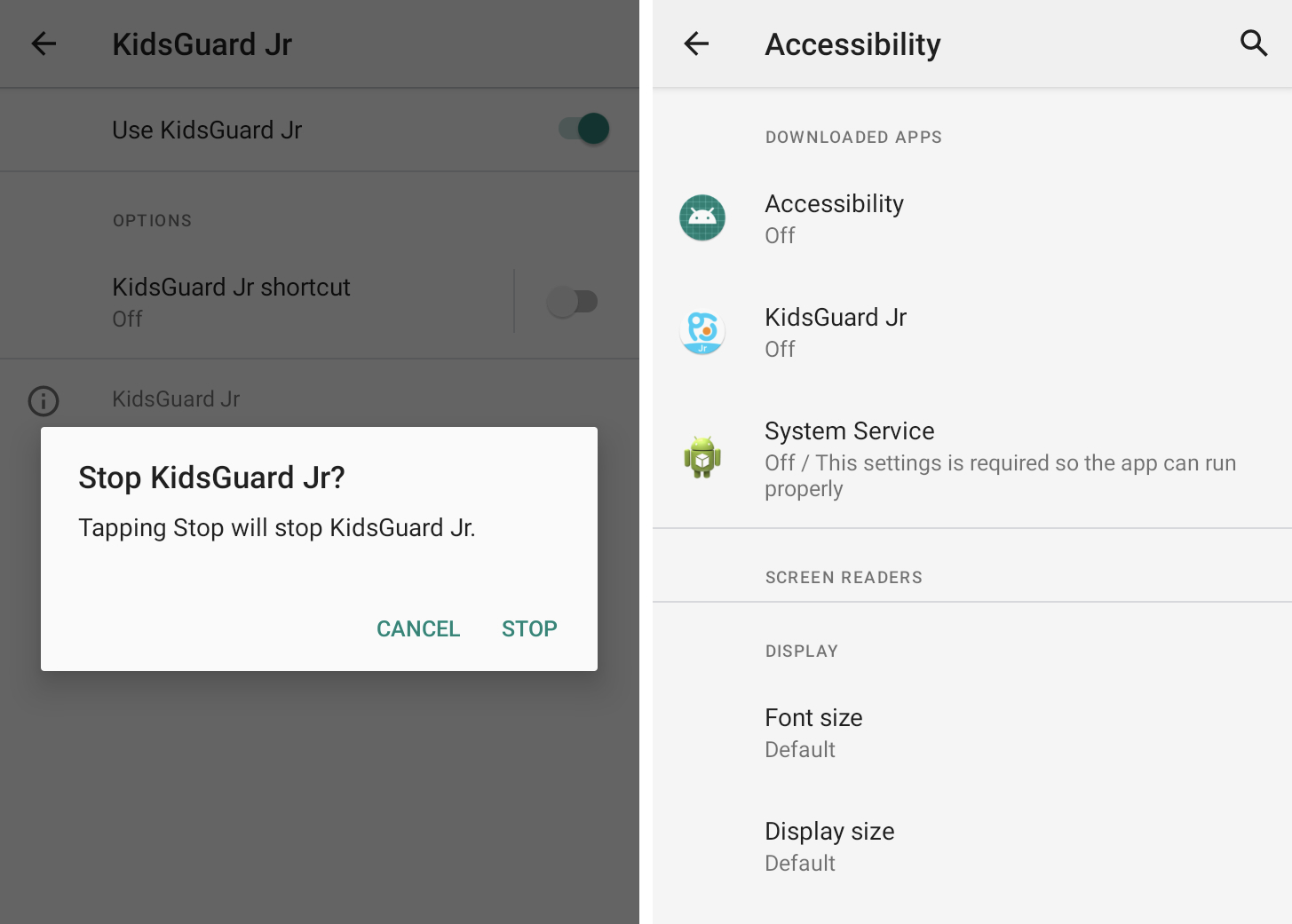 KidsGuard adlı bir uygulamanın, şüphelenmeyen kullanıcıları gözetlemek için Android'deki erişilebilirlik özelliğini ele geçirdiğini gösteren yan yana iki ekran görüntüsü.  İkinci ekran görüntüsünde Erişilebilirlik, KidsGuard ve Sistem Hizmeti adı verilen üç takip yazılımı uygulamasının tümü 'kapalı' olduğundan artık aktif olarak çalışmıyorlar.