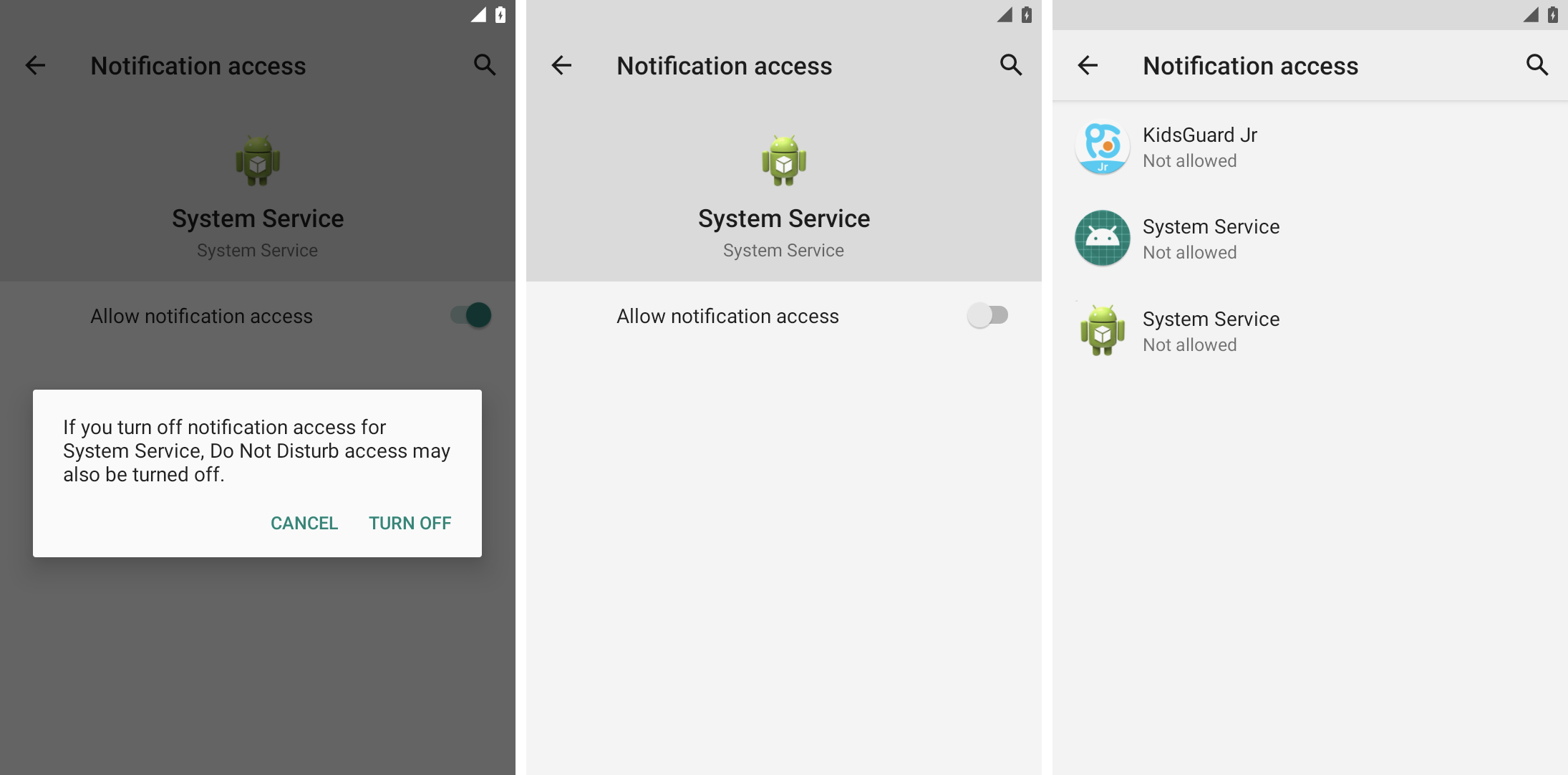 Yan yana üç ekran görüntüsü; biri Android ayarlarında bildirim erişiminin nasıl kapatılacağını gösteriyor, ardından da bir takip yazılımı uygulamasının ekran görüntüsü geliyor. "Sistem Hizmeti" kapalı ve üçüncüsü Ayarlar'daki Bildirim erişimi altında uygulamaların bir listesini gösteriyor; "izin verilmedi."