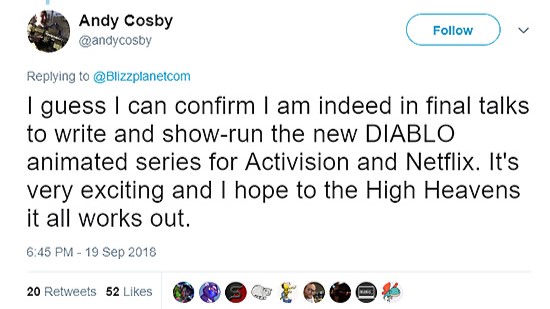 Andy Cosby, Diablo'nun animasyon dizisi hakkında son görüşmelerde bulunduğunu tweetledi
