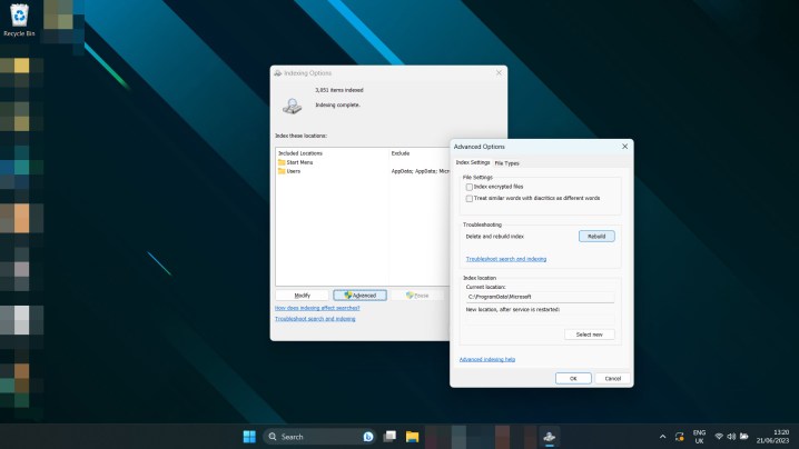Windows 11'de dosyaları yeniden indeksleme.