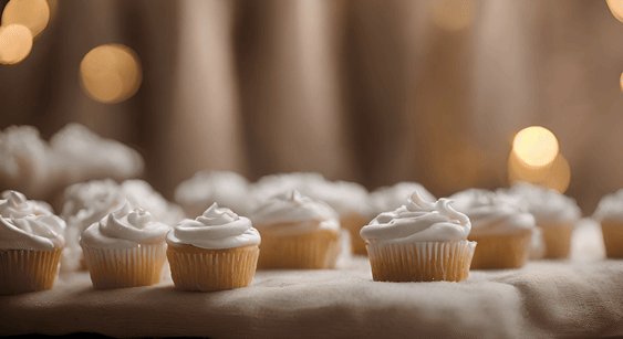 Cupcake videosu.  Beyaz masa örtüsü ile bir masada beyaz kekler