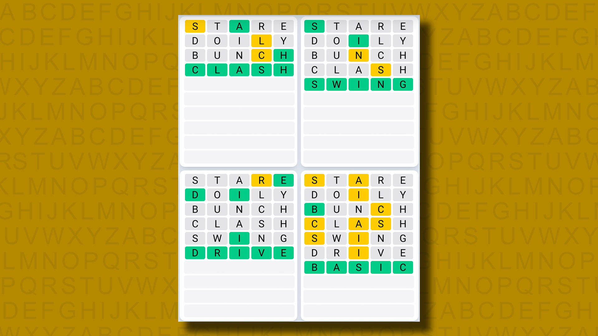 Sarı arka planda 821 numaralı oyun için Quordle günlük dizi yanıtları