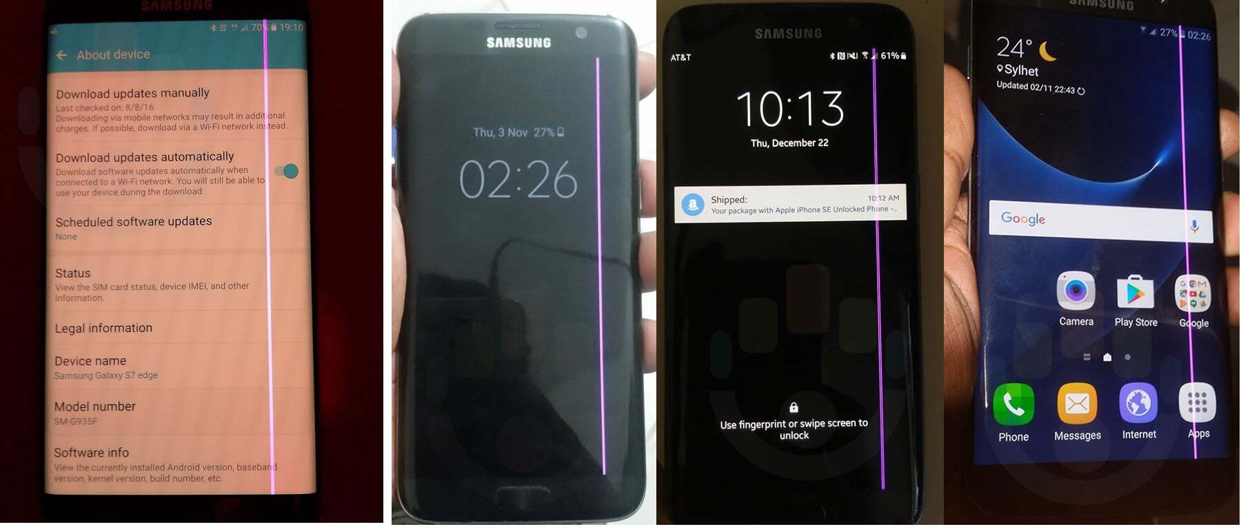 Reddit, Samsung, AT&T ve Vodafone forumlarından etkilenen telefonların fotoğraf karışımı - Yeşil çizgi dehşetini denemek istemiyorsanız uzak durmanız gereken Galaxy telefonları