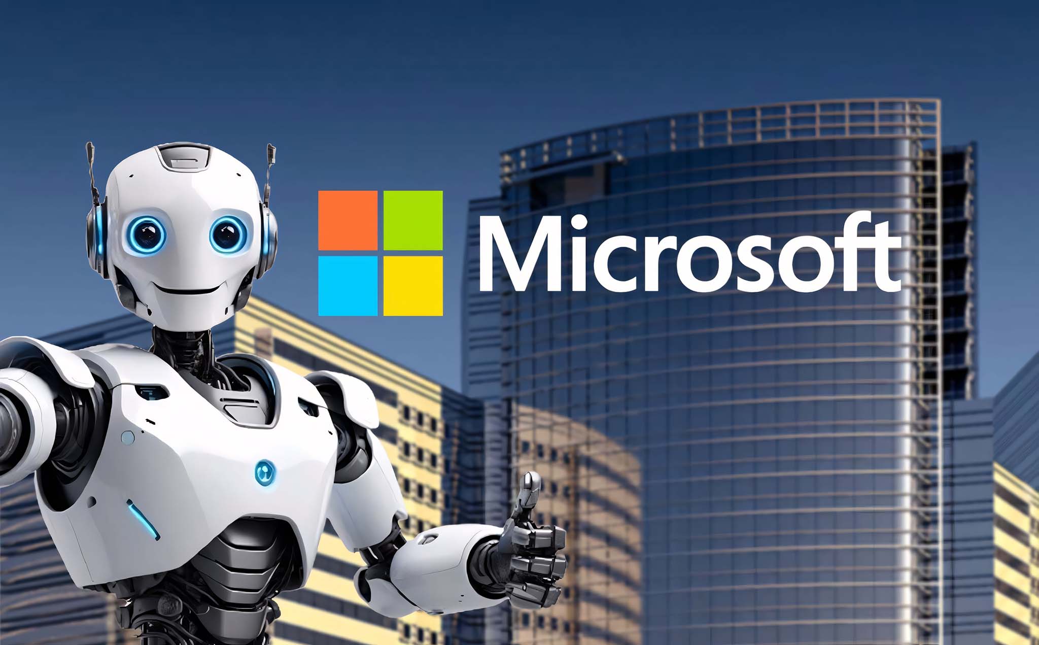 Microsoft logosuyla şehrin önünde duran robot