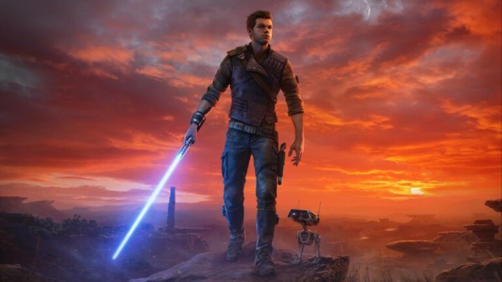 Cal, Star Wars Jedi: Survivor'ın ana görselinde mavi ışın kılıcını kullanıyor ve BD-1 ile yürüyor.