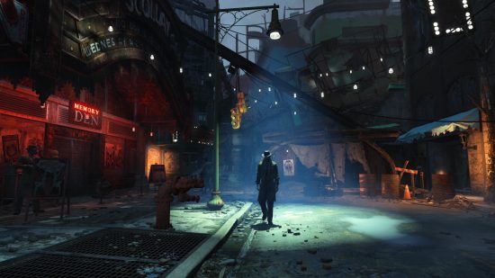 En iyi Fallout oyunları: Trençkot giyen bir adam yukarıdan bir sokak lambasıyla aydınlatılırken bölgenin geri kalanı karanlıkta kalır.