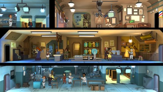 En İyi Fallout oyunları: Farklı odaları ve sakinlerini gösteren bir yeraltı kasasının parçalanmış görünümü.