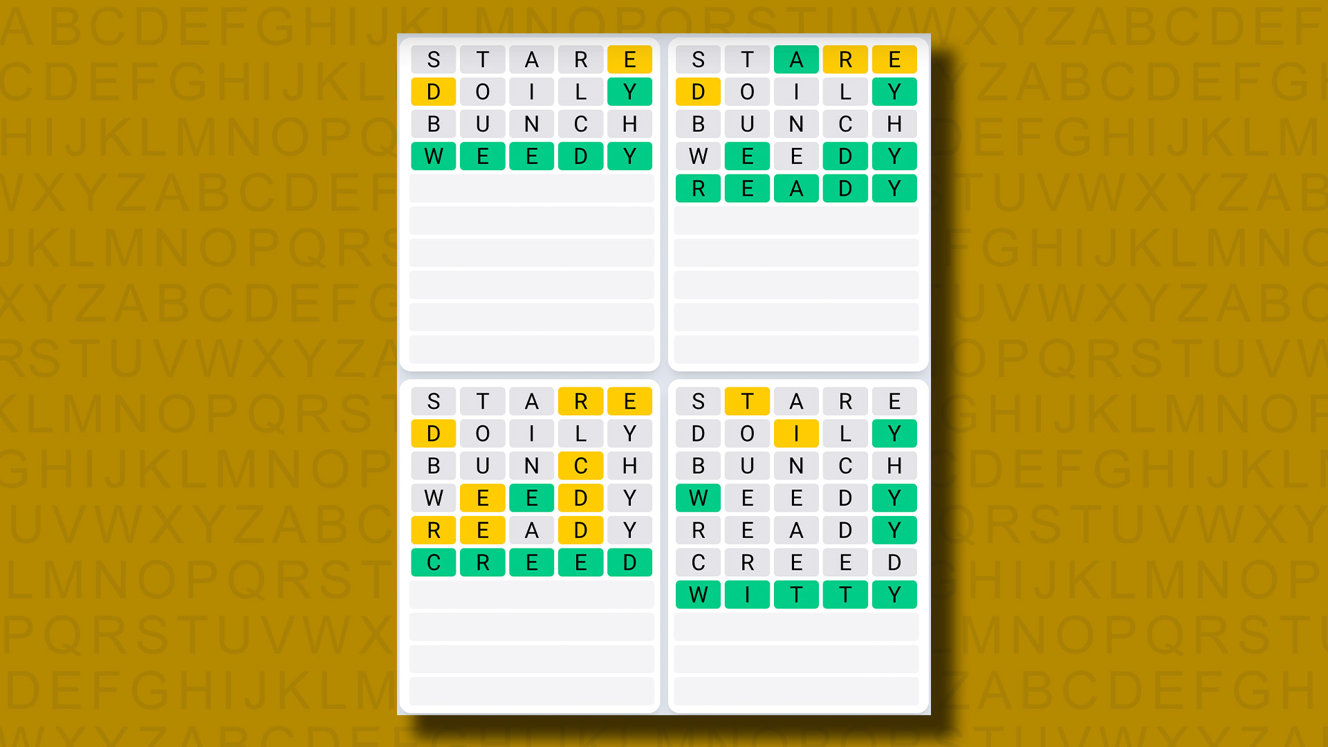 Sarı arka planda 823 numaralı oyun için Quordle günlük dizi yanıtları