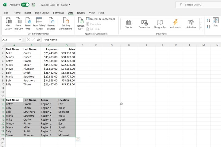Veriler Microsoft Excel'de ilk sütuna göre alfabetik olarak sıralanmıştır.