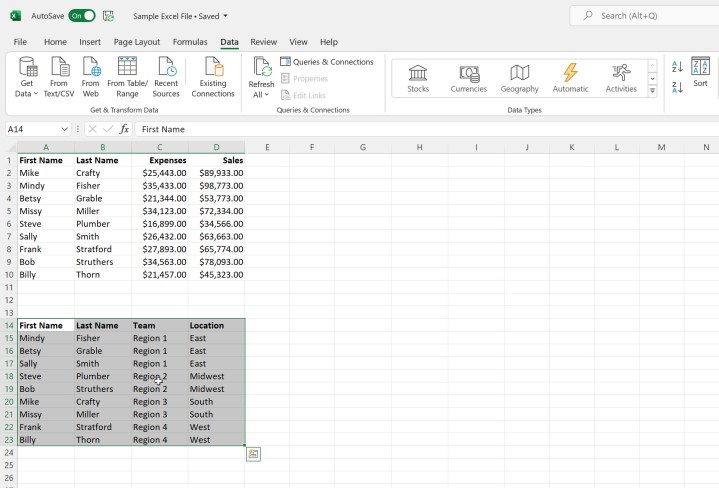 Microsoft Excel'de bir tablet seçme.