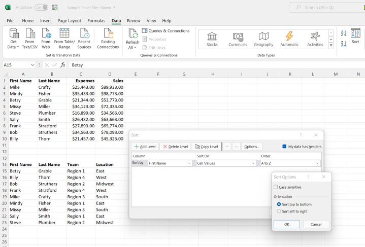 Microsoft Excel'deki sıralama seçenekleri.