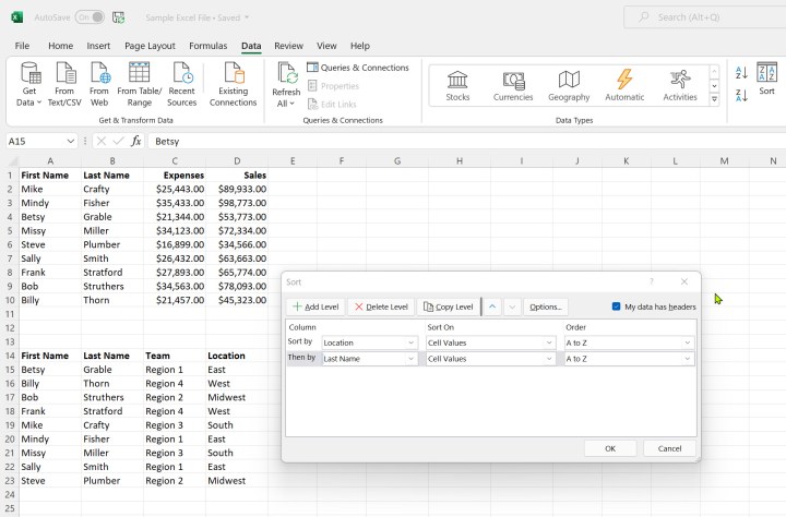 Microsoft Excel'de seçilen sıralama seçenekleri.