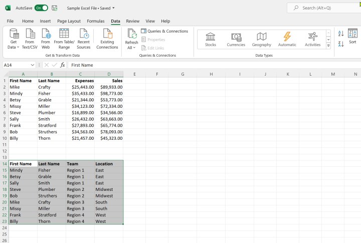 Microsoft Excel'deki seçeneklere göre sıralanmış tablo.