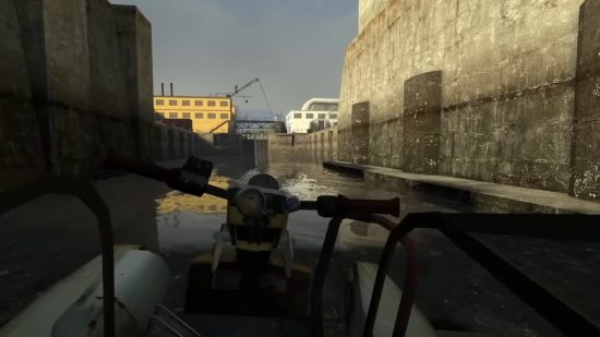 Half-Life 2'nin Su Tehlikesi bölümünde bir kanalda ilerleyen hava teknesindeki ekran görüntüsü.