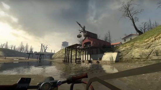 Half-Life 2'nin Su Tehlikesi bölümünde hava botunda direnişin İstasyon 12 binasına bakan ekran görüntüsü.