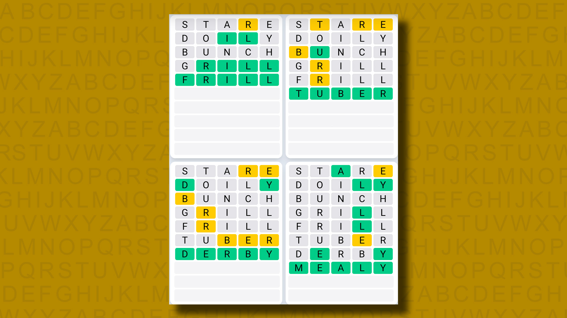 Sarı arka planda 824 numaralı oyun için Quordle günlük dizi yanıtları
