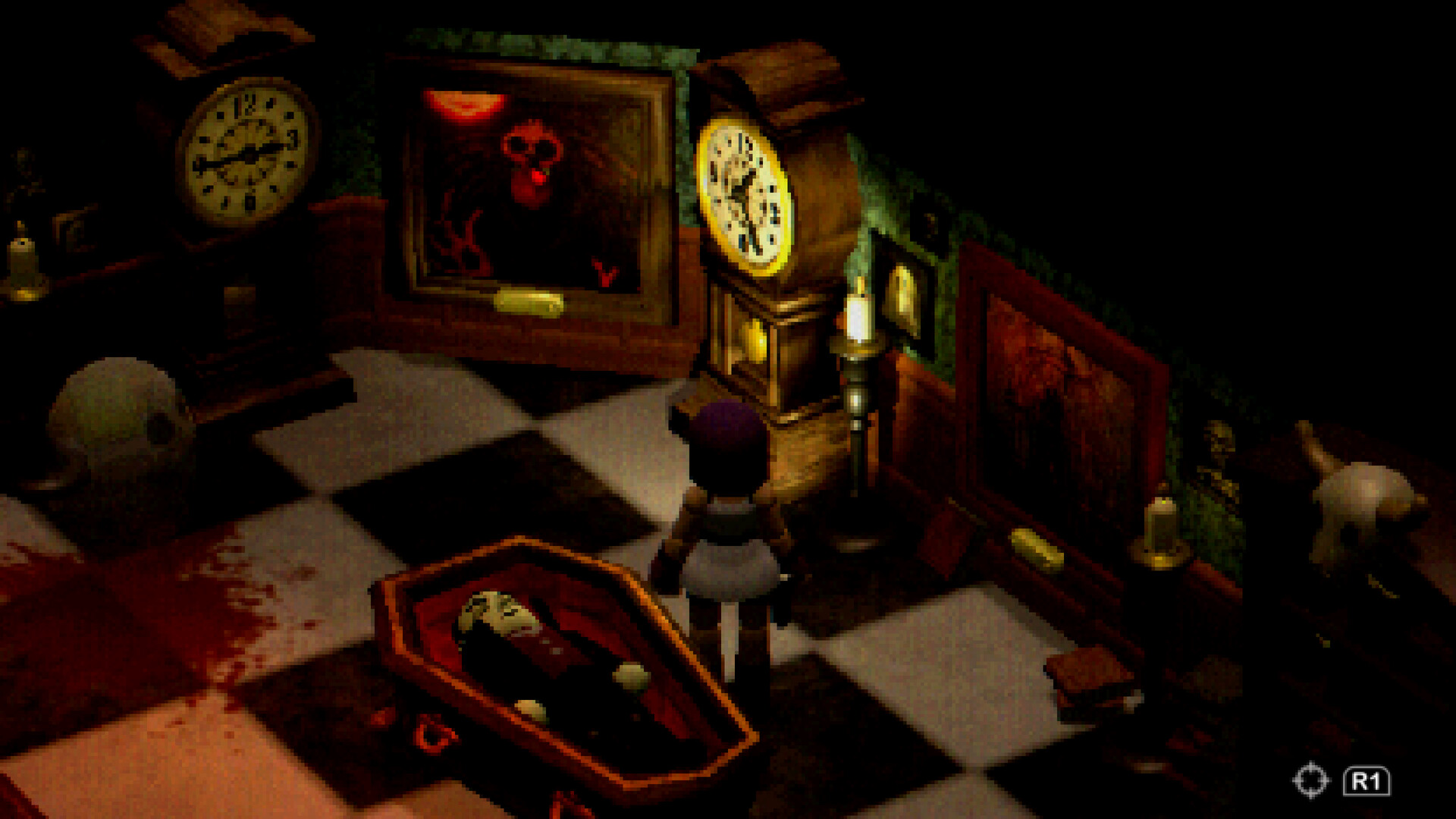 Bloklu bir karakter, ortasında büyük bir büyükbaba saatinin yanında, siyah beyaz fayanslar üzerinde bir tabut bulunan bir odada duruyor.