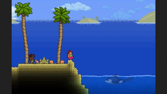 Terraria 1.4.5 güncellemesi - Bir orcanın suda yüzdüğü okyanus biyomunun kenarında iki oyuncu.