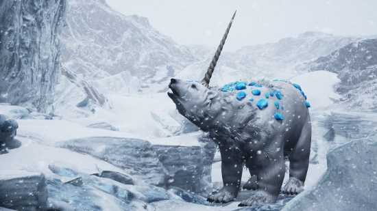 Rüzgar Adası - Sırtında kristal benzeri mavi çıkıntılar ve alnından bükülmüş bir boynuz çıkan bir kutup ayısı.