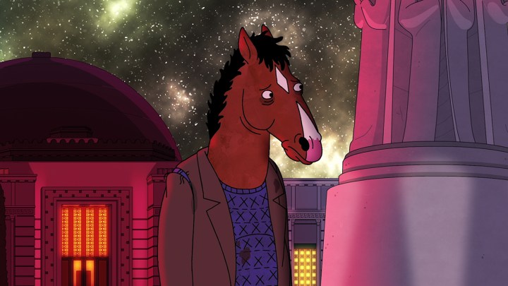 BoJack Horseman, Netflix dizisinde ekranın dışında bir şeye bakıyor.