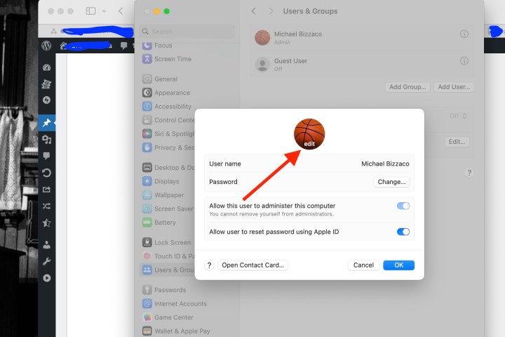 macOS Sonoma'da kullanıcı oturum açma resminin üzerindeki Düzenle düğmesi.