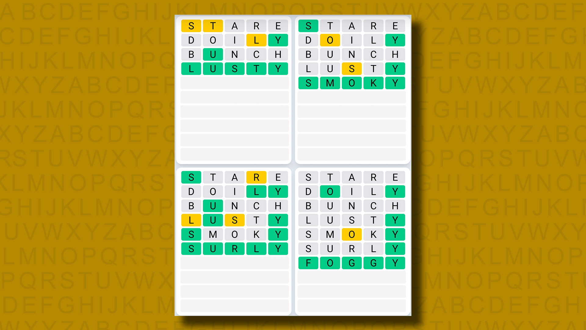 Sarı arka planda 825 numaralı oyun için Quordle günlük dizi yanıtları