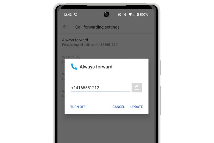 Aramaların yönlendirileceği numarayı gösteren Android çağrı yönlendirme ayarları.