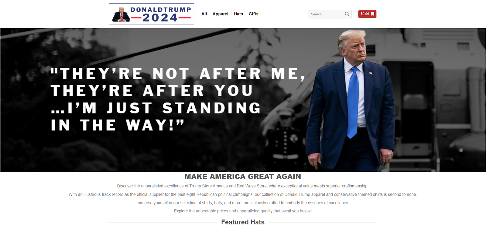 Trump'ın bir resminin ve metin okumasının yer aldığı sahte Trump web sitesi 