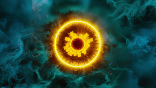 Dönen gizemlerle çevrelenmiş parlak sarı güneş benzeri bir nesneyi tasvir eden ideogram görüntüsü