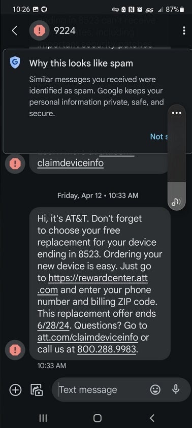 Google bu metnin dolandırıcılık veya spam olduğunu düşünse de gerçekten AT&T'den gelmişti - AT&T'den gelen ücretsiz cihaz teklifiyle ilgili kısa mesaj dolandırıcılık veya spam gibi görünebilir ancak meşrudur