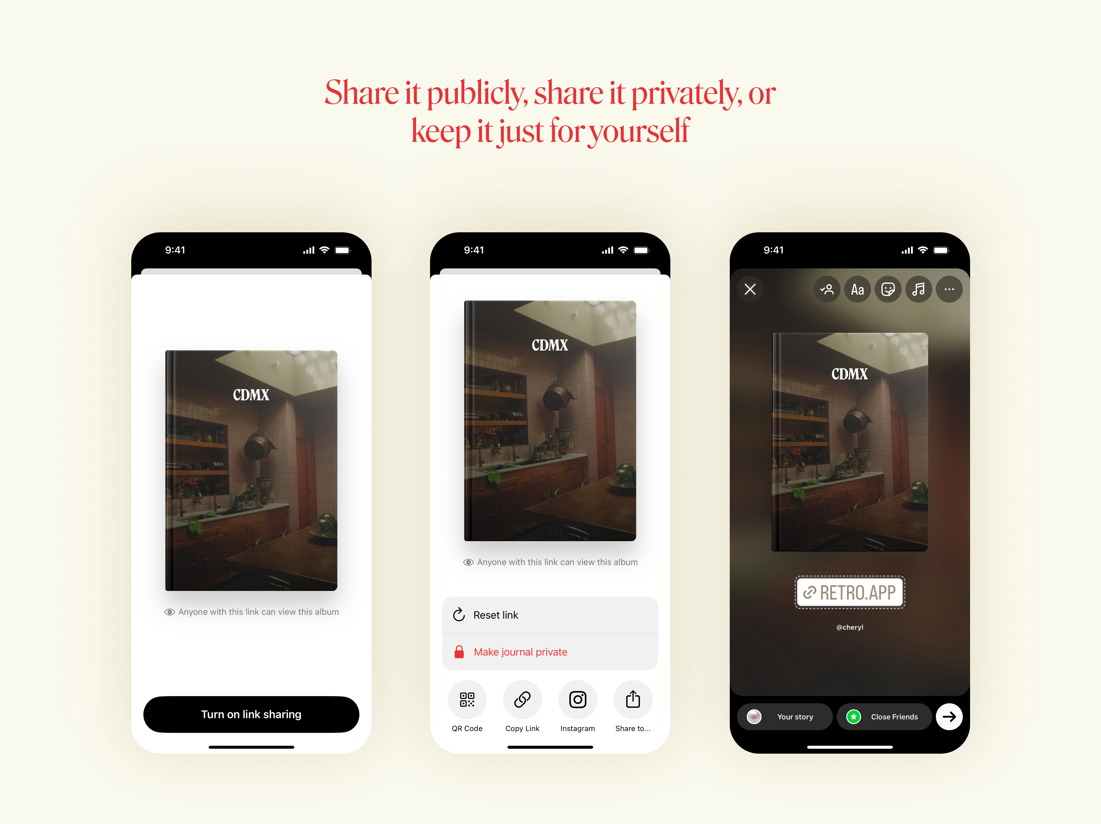 Albümleri nasıl gizli tutabileceğinizi, bir bağlantıyı nasıl paylaşabileceğinizi veya herkese açık bir bağlantı oluşturabileceğinizi gösteren Retro'nun yeni günlük özelliğinin üç ekran görüntüsü