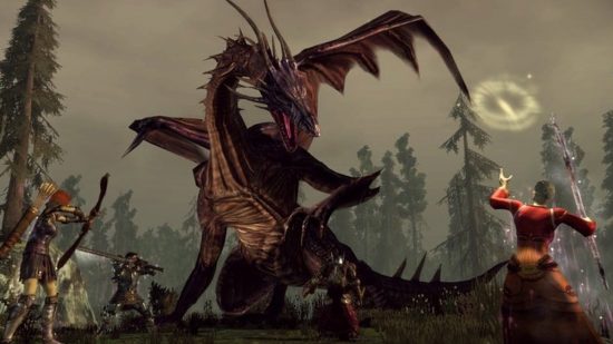 Dragon Age: Origins'ten bir grup bir ejderhanın etrafında toplanır ve onu öldürmeye çalışır.