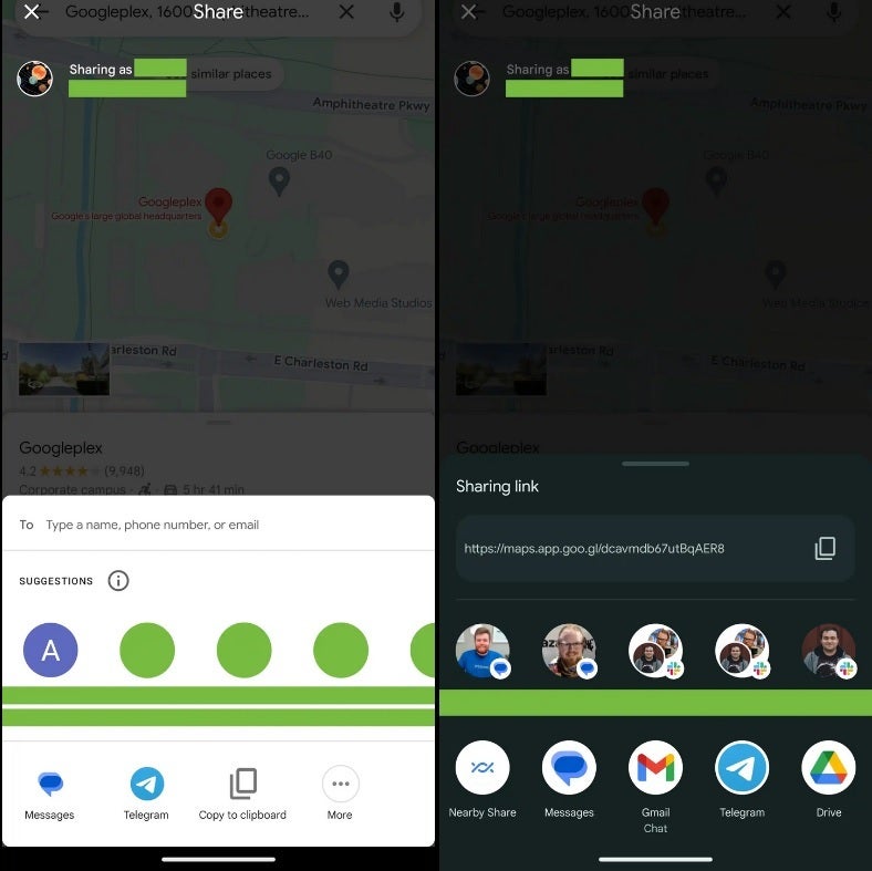 Solda Google Haritalar paylaşım sayfasının eski sürümü, sağda yeni yerel Android 14 sürümü.  Resim kredisi-9to5Google - Google Haritalar özel paylaşım sayfasının yerini yerel Android 14 sürümü aldı
