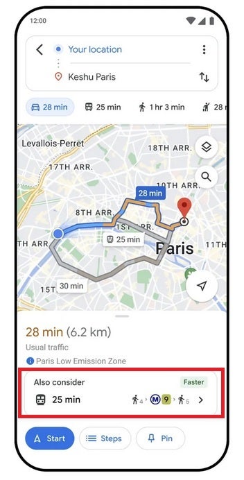 Kırmızı kutu, Google Haritalar'da alternatif toplu taşıma önerilerini gösterir - Google Haritalar, sürüş rotalarının yanı sıra alternatif toplu taşıma ve yürüyüş yönlerini de gösterir