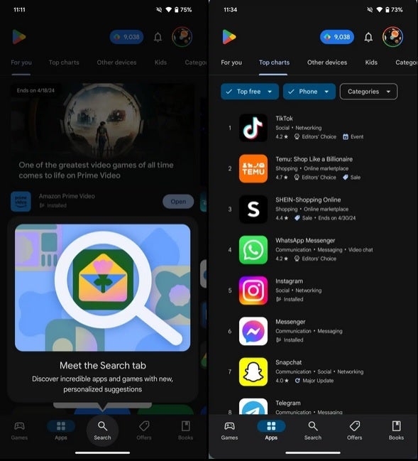 Solda Arama sekmesi istemi, sağda Uygulamalar sekmesinin yeni görünümü - Google Play Store'a yeni bir görünüm geliyor;  şimdi kontrol et!