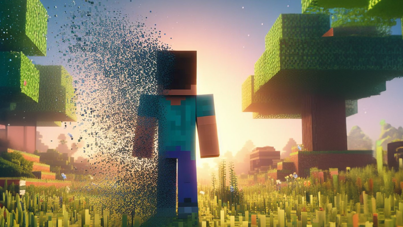 Minecraft karakteri gözden kaybolurken kendi inşa edilmiş dünyasına bakıyor